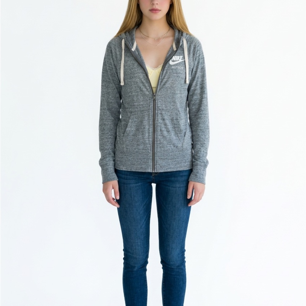 Nike Gray Hooded Full-Zip Sweatshirt with White Drawstrings size xs.